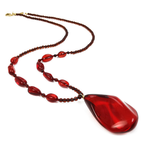 Red Amber Wave Pendant Beaded Necklace