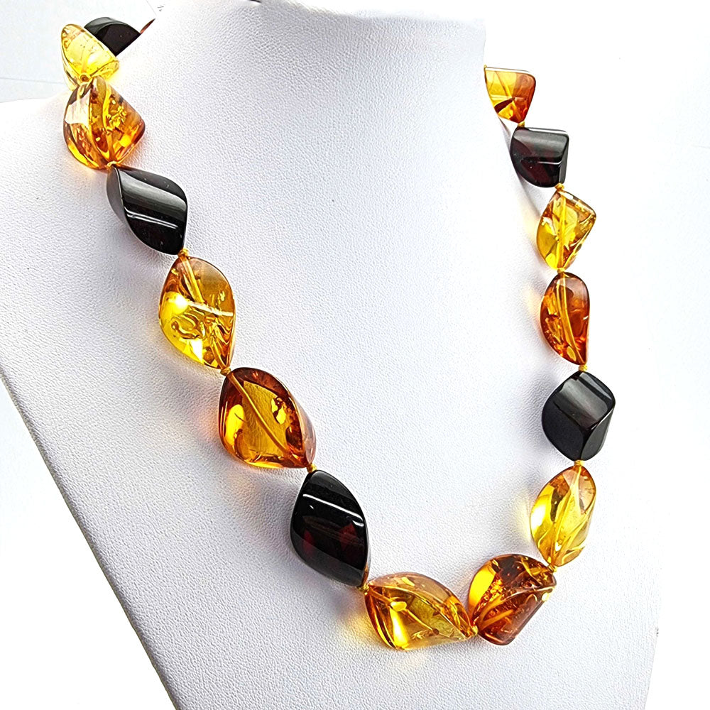 Multi-Color Amber Twisted Olive Beads Necklace 14k Gold Plated