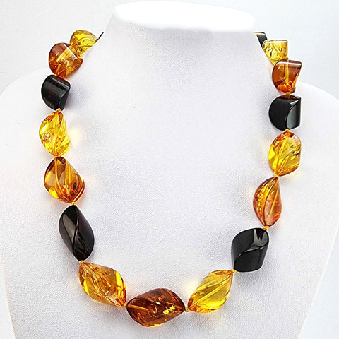 Multi-Color Amber Twisted Olive Beads Necklace 14k Gold Plated