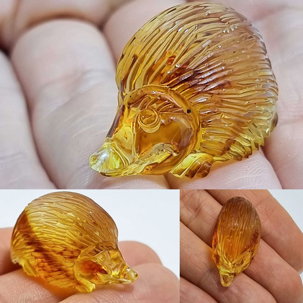 Fossil Amber Carved Hedgehog Figurine