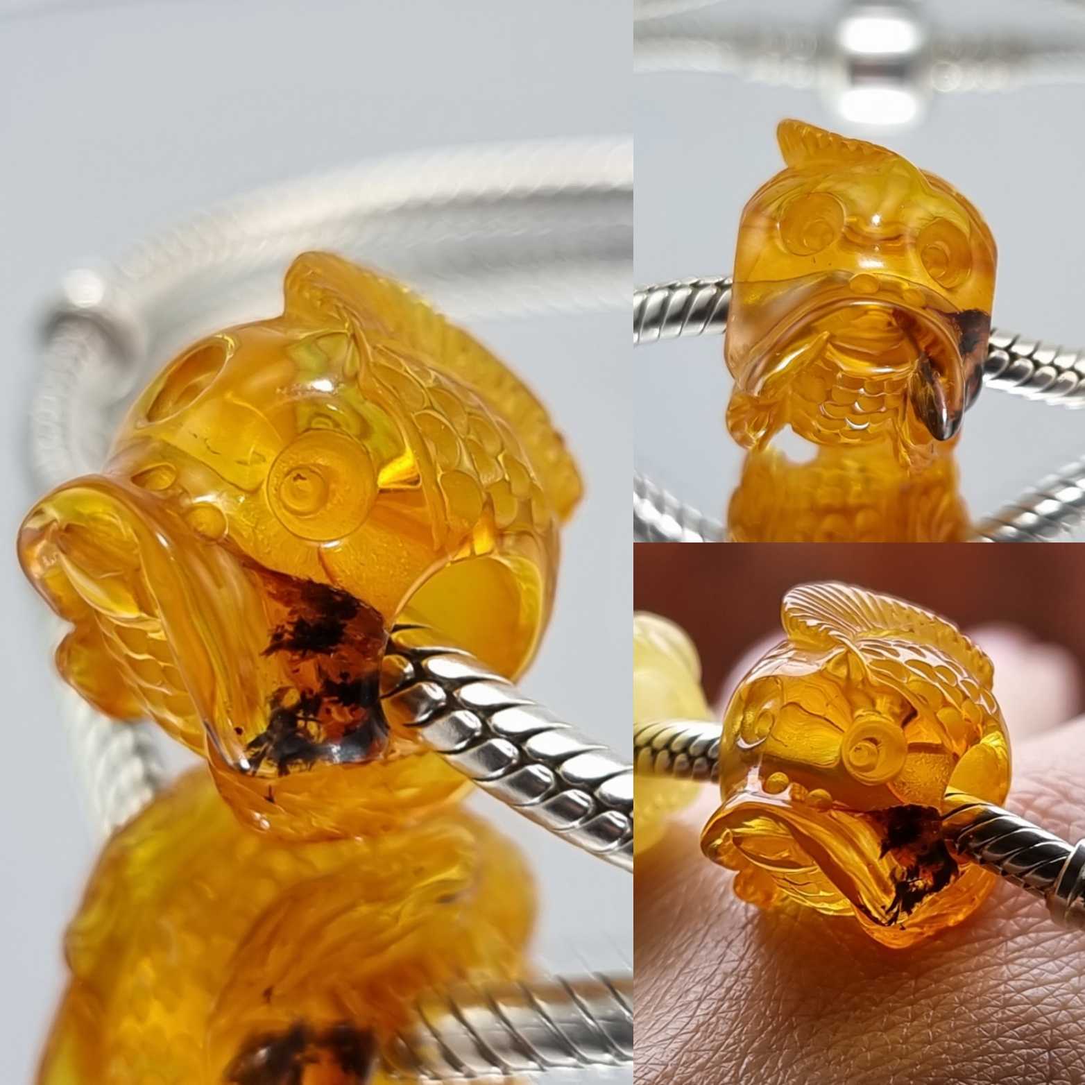 Multi-Color Amber Carved Fish Face Charm Bead