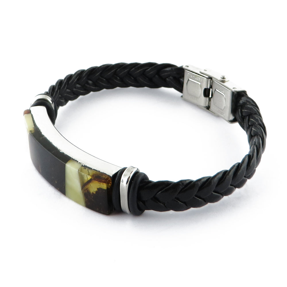 Men's Black Faux Leather Bracelet with Amber Mosaic - Amber Alex Jewelry