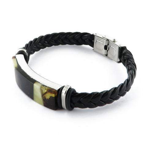 Men's Black Faux Leather Bracelet with Amber Mosaic - Amber Alex Jewelry