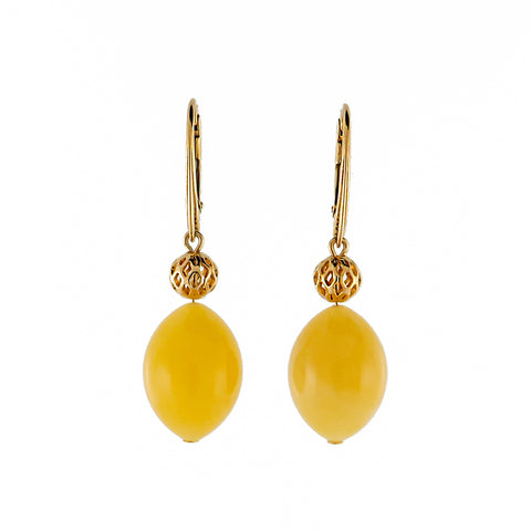 Milky Amber Olive Dangle Earrings 14K Gold Plated - Amber Alex Jewelry