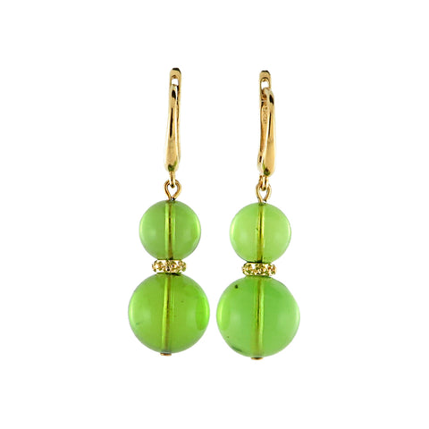 Green Amber Round Dangle Earrings 14K Gold Plated