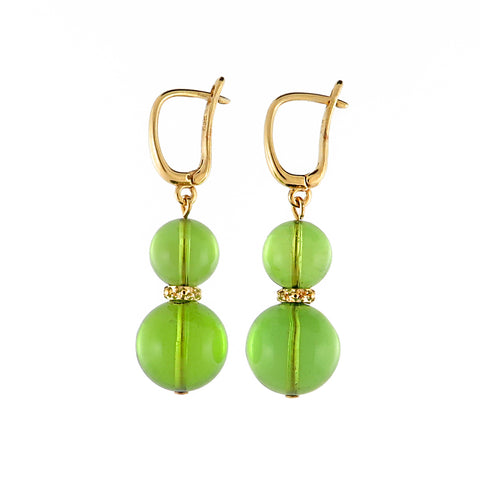 Green Amber Round Dangle Earrings 14K Gold Plated