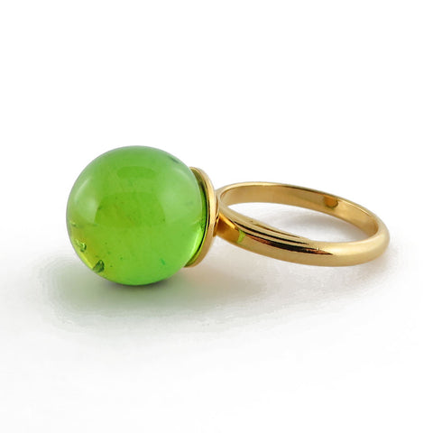 Green Amber Round Bead Adjustable Ring 14K Gold Plated - Amber Alex Jewelry