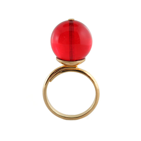 Red Amber Round Bead Adjustable Ring 14K Gold Plated