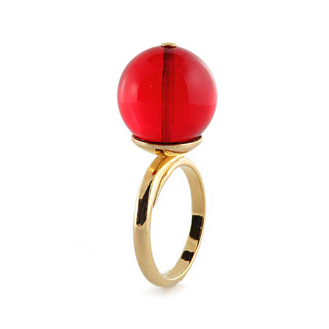 Red Amber Round Bead Adjustable Ring 14K Gold Plated