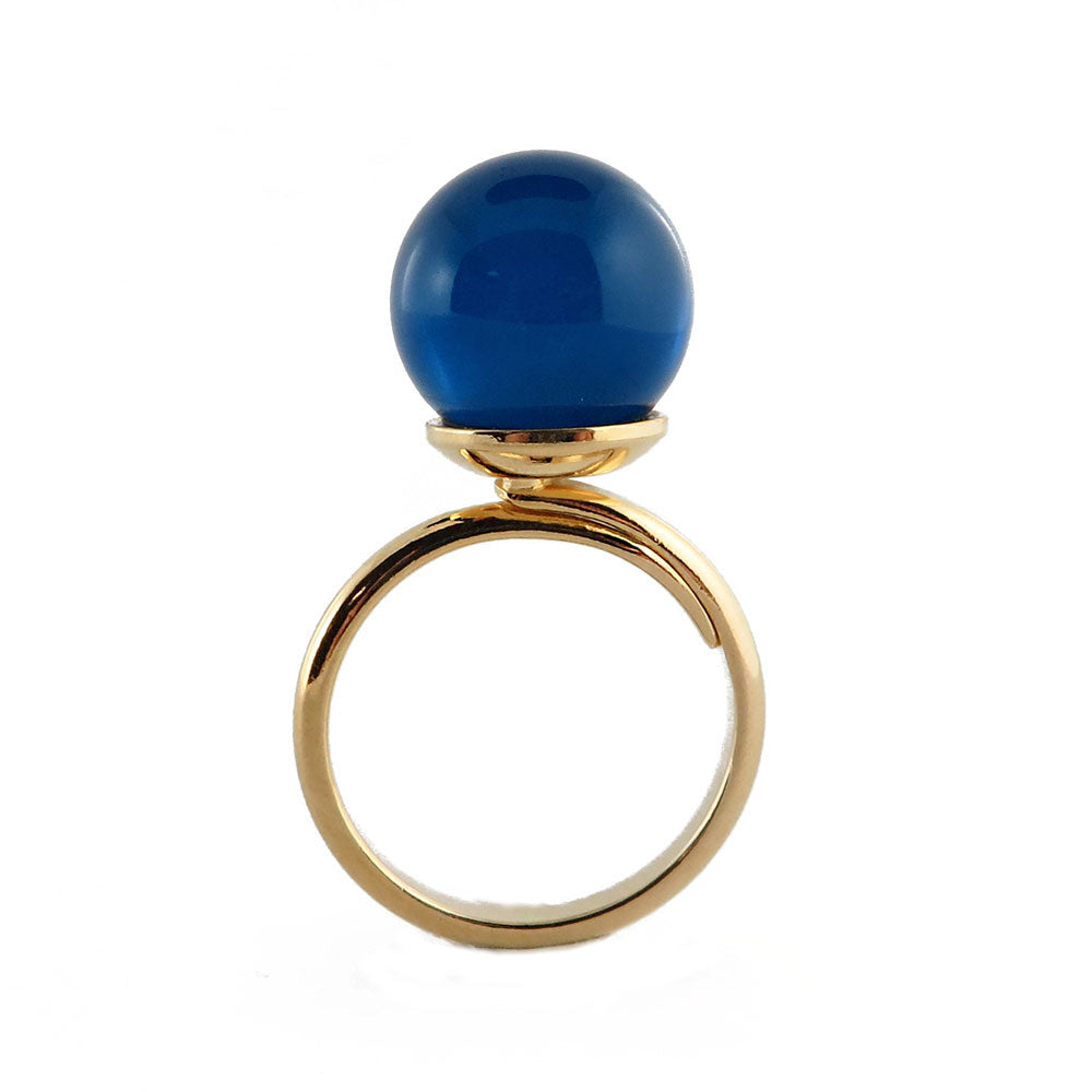 Blue Amber Round Bead Adjustable Ring 14K Gold Plated - Amber Alex Jewelry