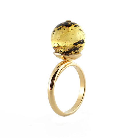 Fossil Amber Round Bead Adjustable Ring 14k Gold Plated - Amber Alex Jewelry