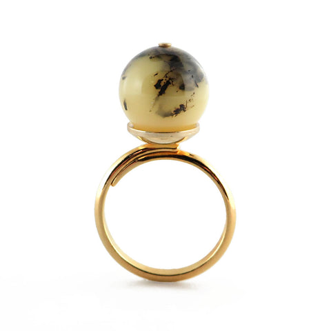 Milky-Fossil Amber Round Bead Adjustable Ring 14K Gold Plated - Amber Alex Jewelry