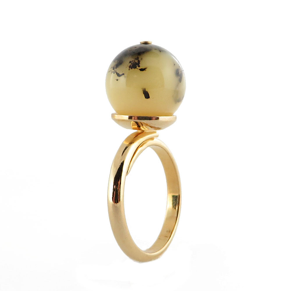 Milky-Fossil Amber Round Bead Adjustable Ring 14K Gold Plated - Amber Alex Jewelry