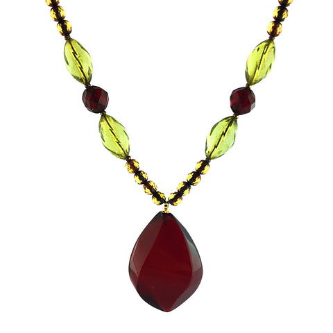 Red Amber Flame Pendant Beaded Necklace