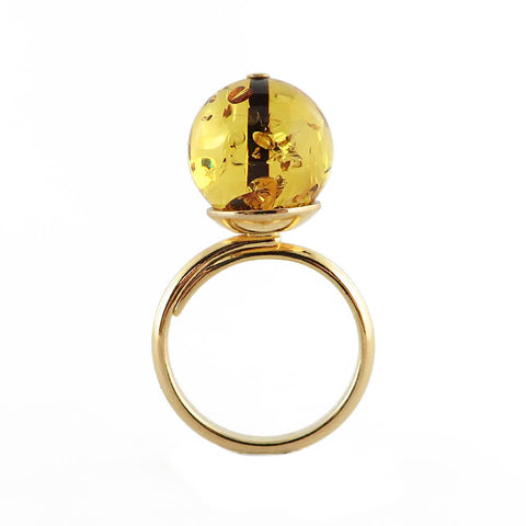 Lemon With Dark Flakes Amber Round Bead Adjustable Ring 14K Gold Plated - Amber Alex Jewelry