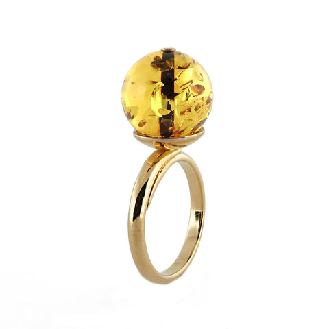 Milky Amber Round Bead Adjustable Ring 14K Gold Plated - Amber Alex Jewelry