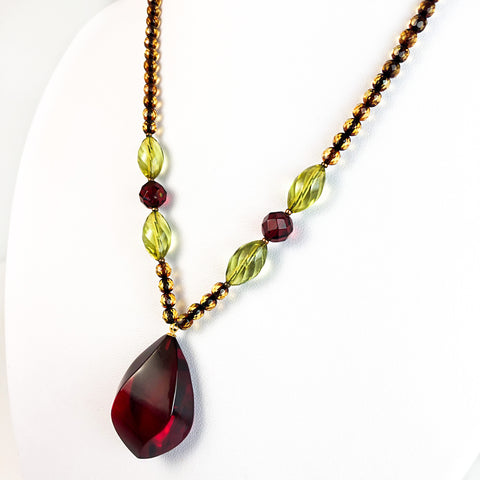 Red Amber Flame Pendant Beaded Necklace