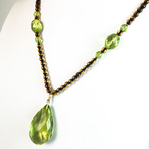 Green Amber Faceted Drop Pendant Beaded Necklace