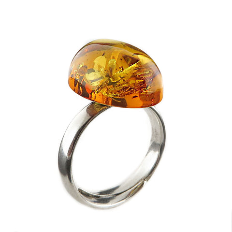 Cognac Amber Oval Adjustable Ring Sterling Silver