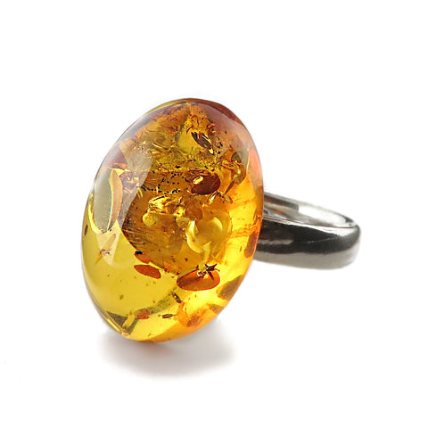 Cognac Amber Oval Adjustable Ring Sterling Silver