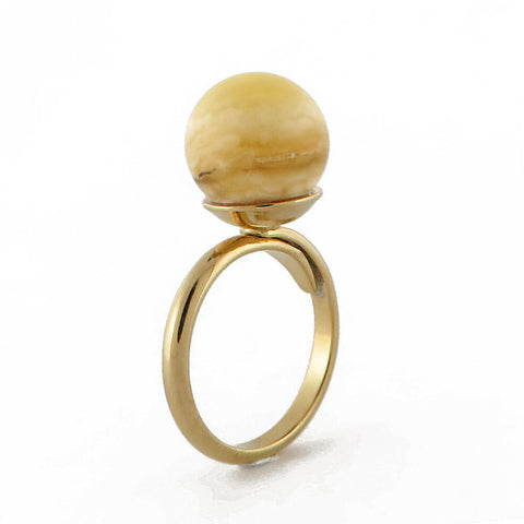 Milky Amber Round Bead Adjustable Ring 14K Gold Plated - Amber Alex Jewelry