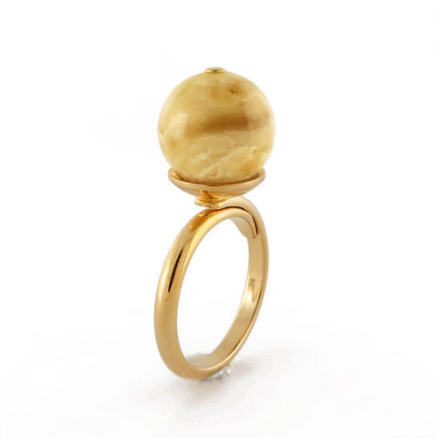 Milky Amber Round Bead Adjustable Ring 14K Gold Plated - Amber Alex Jewelry