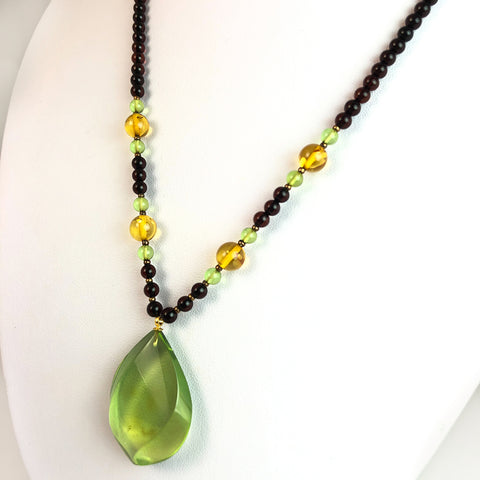 Green Amber Flame Pendant Beaded Necklace