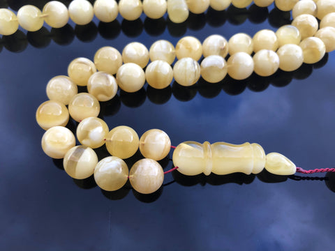 Yellow With White Amber Round Shape 10.5 mm Islamic Prayer Beads