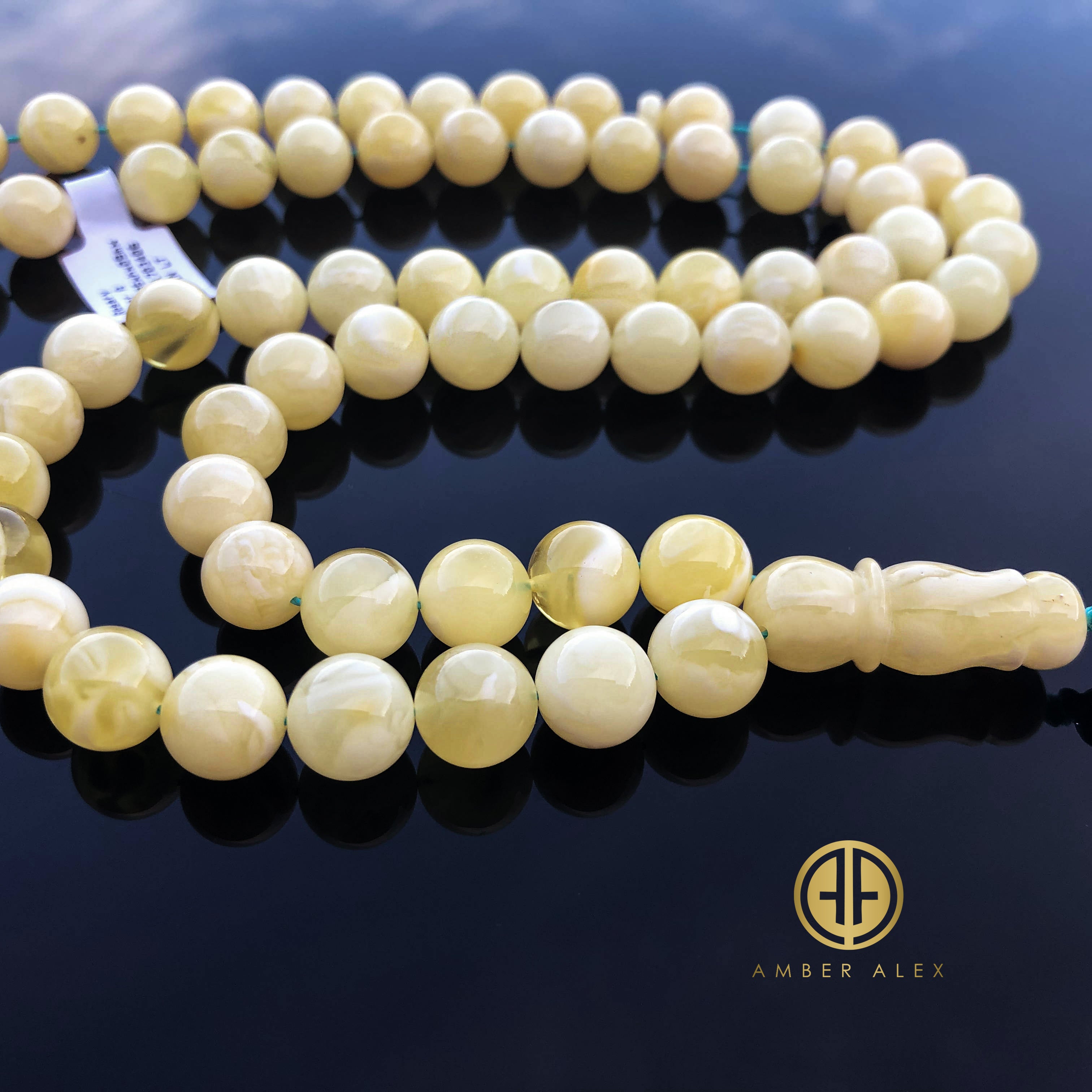 Yellow With White Amber Round Shape 9.5 mm Islamic Prayer Beads