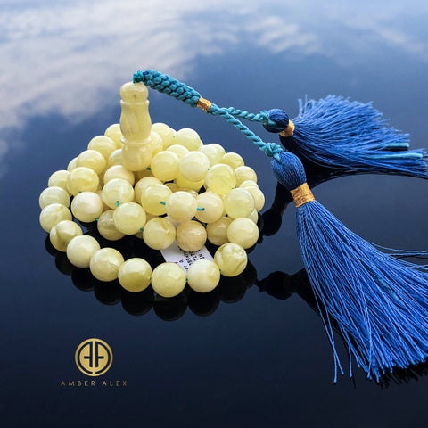 Yellow With White Amber Round Shape 9.5 mm Islamic Prayer Beads