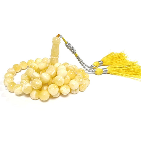 Yellow with White Amber Round Shape 8.5 mm Islamic Prayer Beads