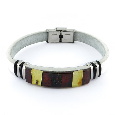 Men's White Faux Leather Bracelet with Amber Mosaic - Amber Alex Jewelry