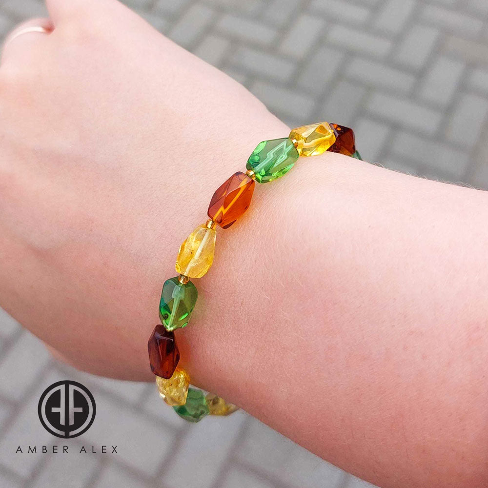 Multi-Color Amber Faceted Nugget Beads Stretch Bracelet