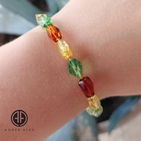Multi-Color Amber Faceted Nugget Beads Stretch Bracelet