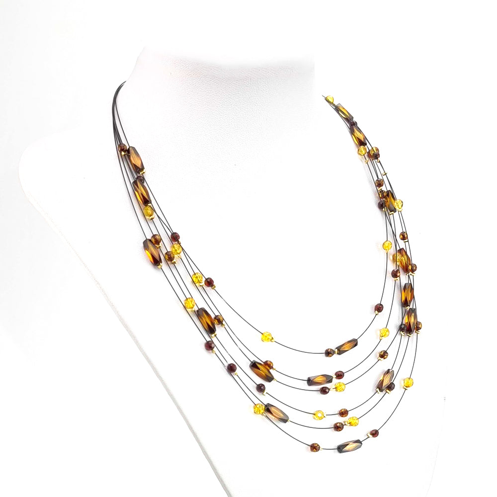 Cognac Amber Faceted Barrel & Round Beads Necklace