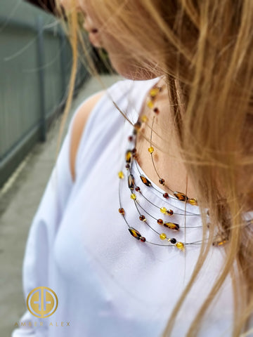 Cognac Amber Faceted Barrel & Round Beads Necklace