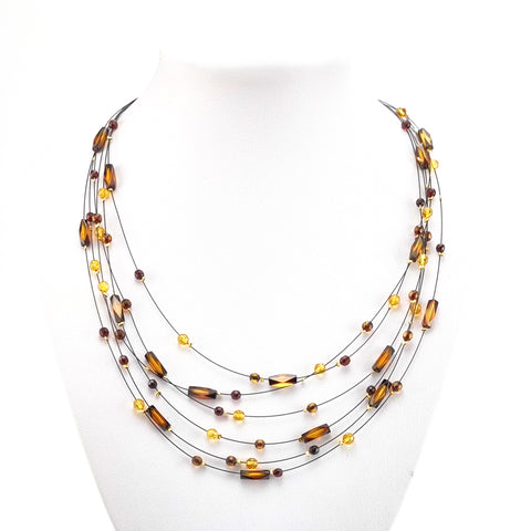 Cognac Amber Faceted Barrel & Round Beads Necklace