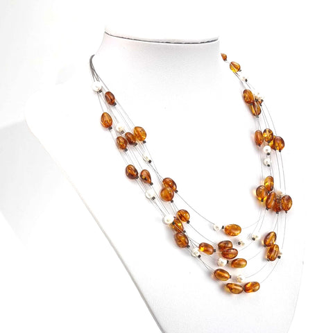 Cognac Amber Nugget Beads Rain Necklace Sterling Silver