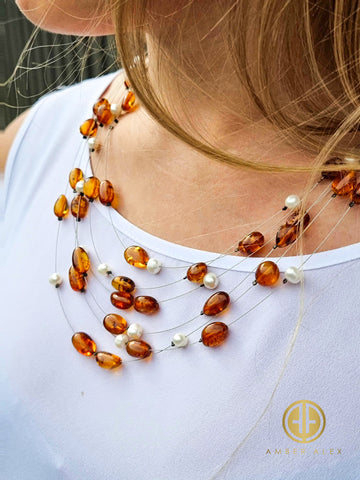 Cognac Amber Nugget Beads Rain Necklace Sterling Silver