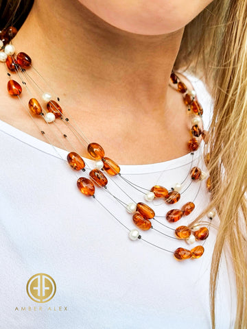 Cognac Amber Nugget Beads Rain Necklace Sterling Silver