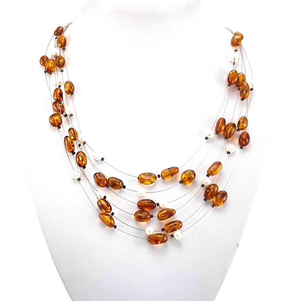 Cognac Amber Nugget Beads Rain Necklace Sterling Silver