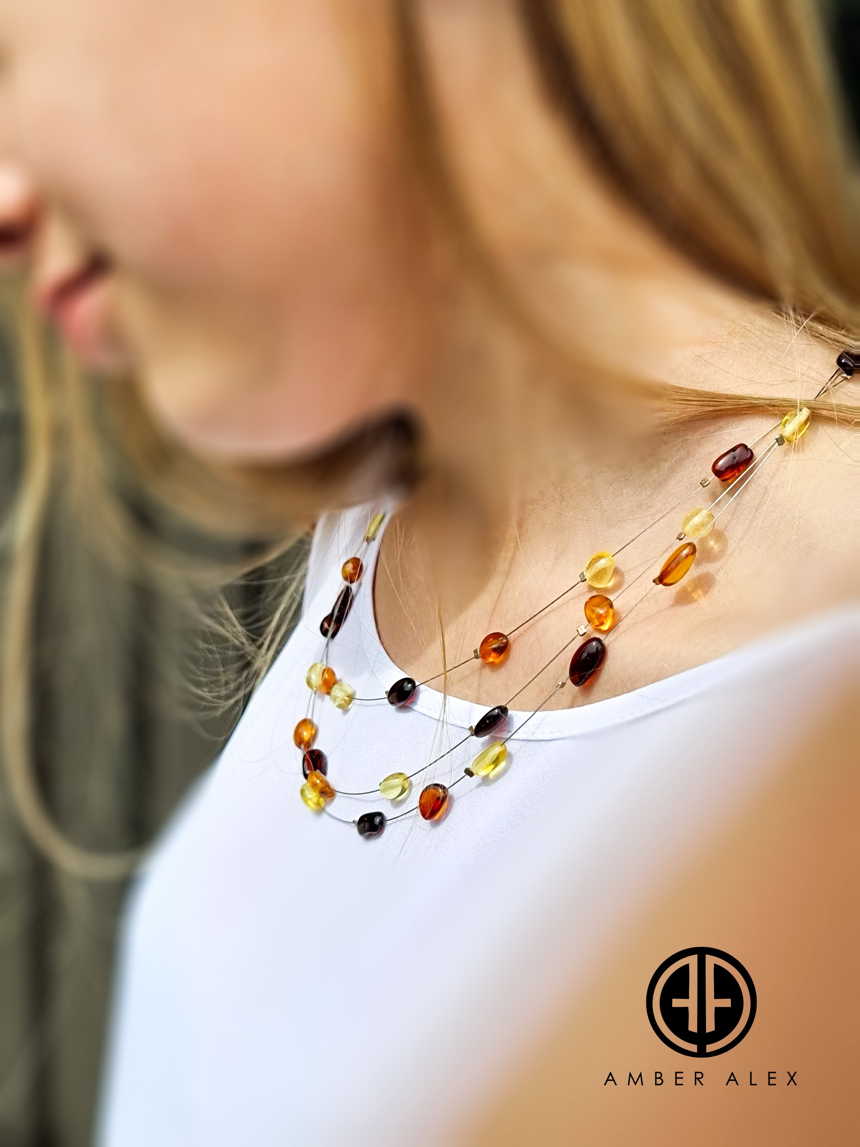 Multi-color Amber Nugget Beads Rain Necklace Sterling Silver