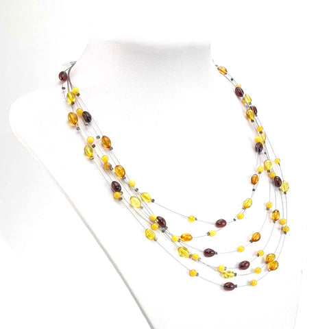 Multi-Color Amber Olive & Round Beads Rain Necklace Sterling Silver