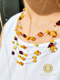 Multi-Color Amber Olive & Round Beads Rain Necklace Sterling Silver