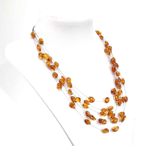 Cognac Amber Nugget Beads Rain Necklace Sterling Silver