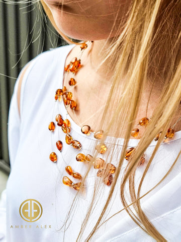 Cognac Amber Nugget Beads Rain Necklace Sterling Silver