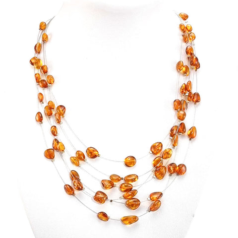 Cognac Amber Nugget Beads Rain Necklace Sterling Silver