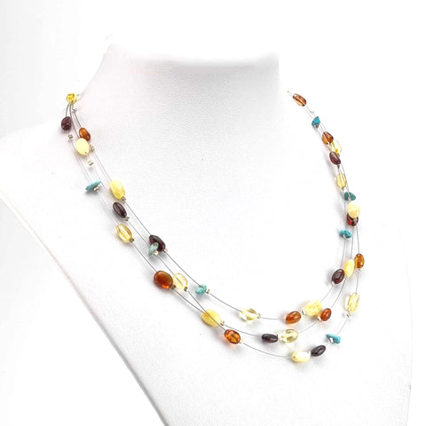 Multi-Color Amber Nugget Beads Rain Necklace Sterling Silver