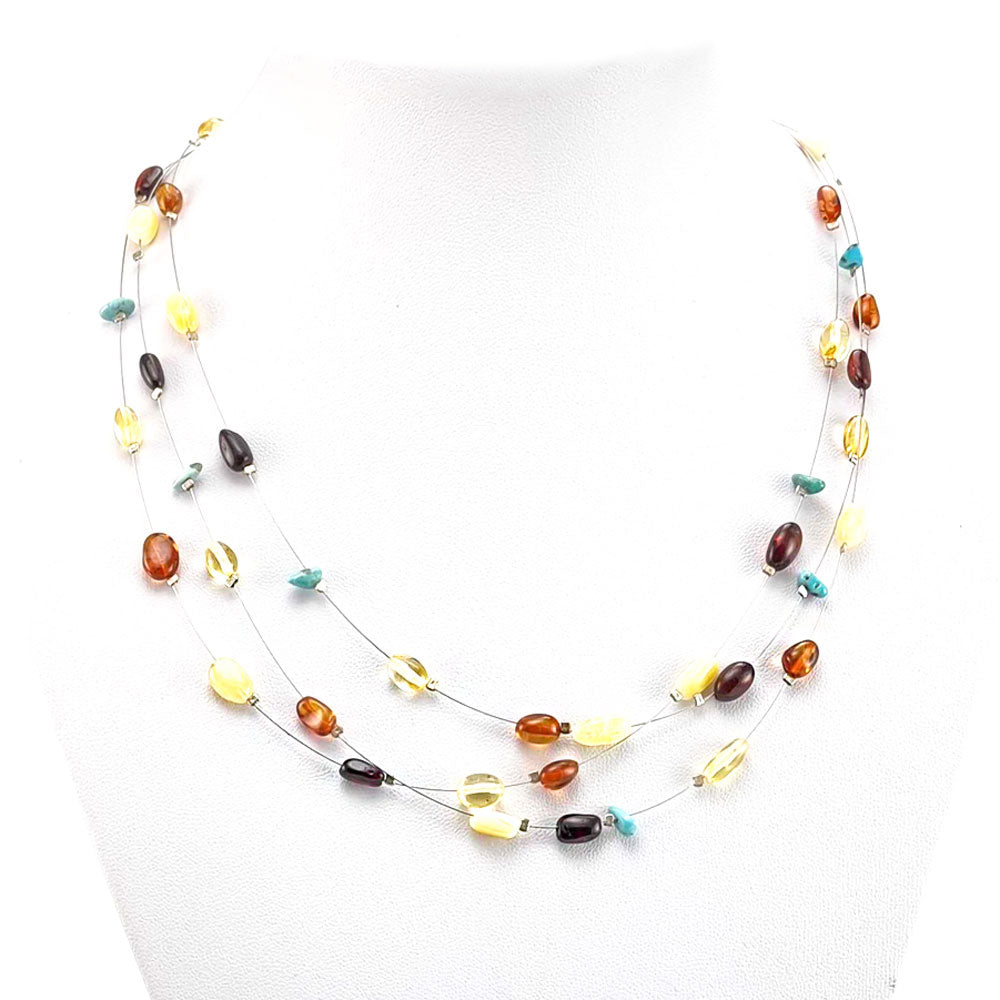 Multi-Color Amber Nugget Beads Rain Necklace Sterling Silver