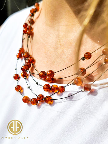 Cognac Amber Round Beads Rain Necklace Sterling Silver